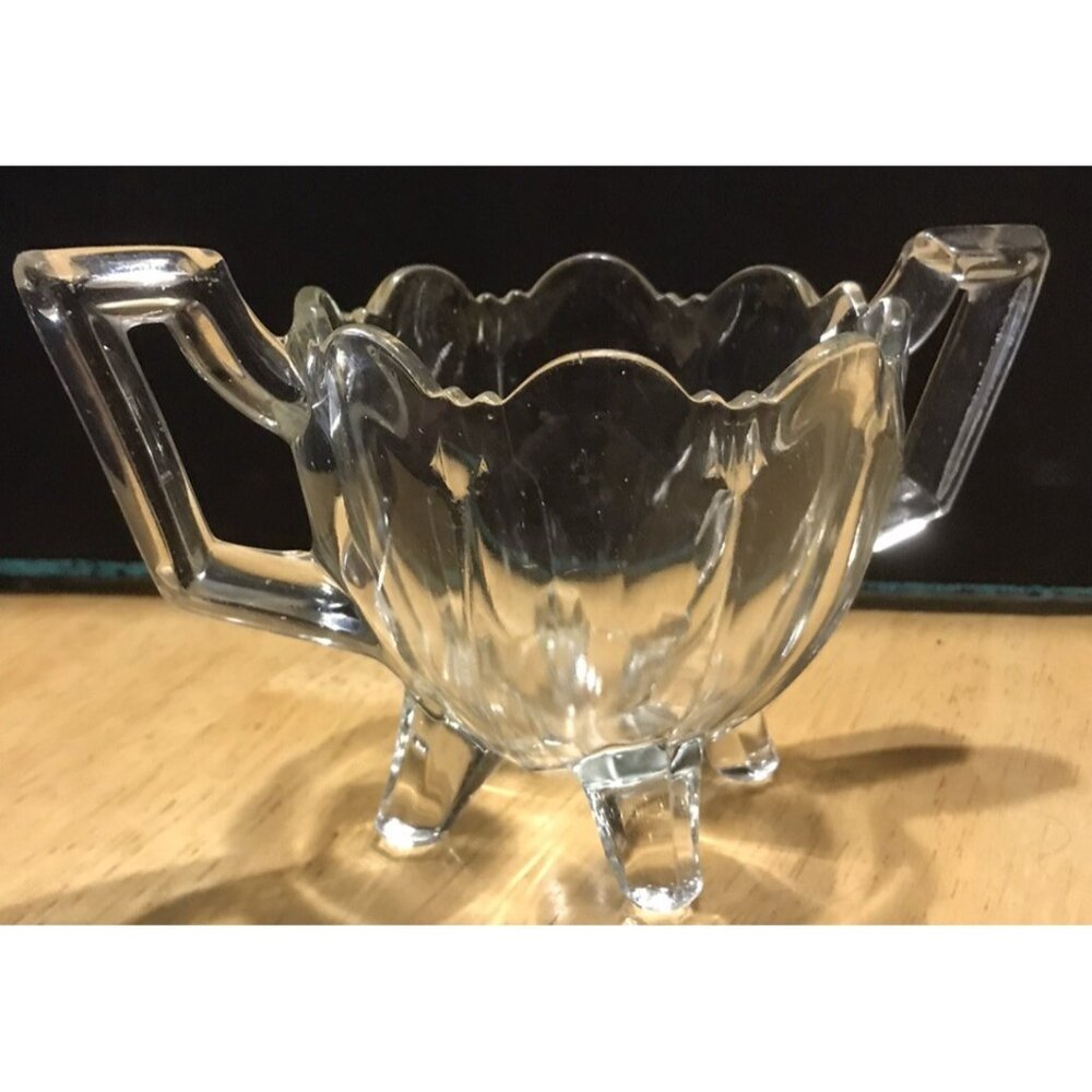 20s/30s Indiana Glass 2 Handle Open Sugar Bowl 4 Legs Fluted Art Deco